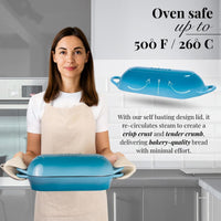 Oven-safe Dutch oven, cast iron bread loaf with self basting lid for crisp crust and tender crust bakery-quality bread. 