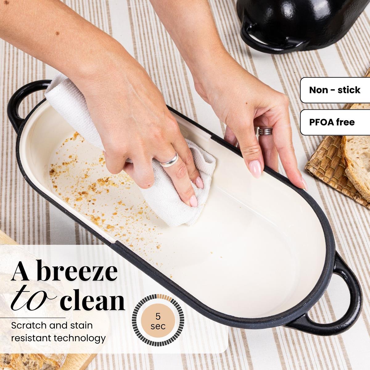 Easy to clean cast iron Dutch oven bread loaf pan with scratch and stain resistant technology. 