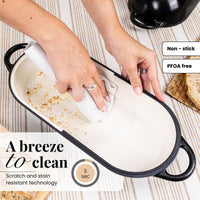 Easy to clean cast iron Dutch oven bread loaf pan with scratch and stain resistant technology. 