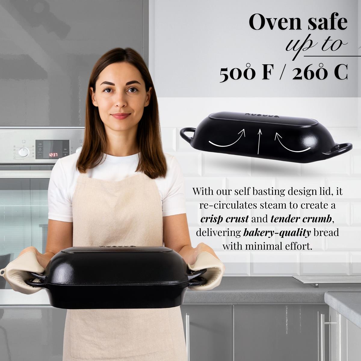 Oven safe cookware - cast iron bread loaf pan with self basting design for crisp, tender home-made bakery bread. 