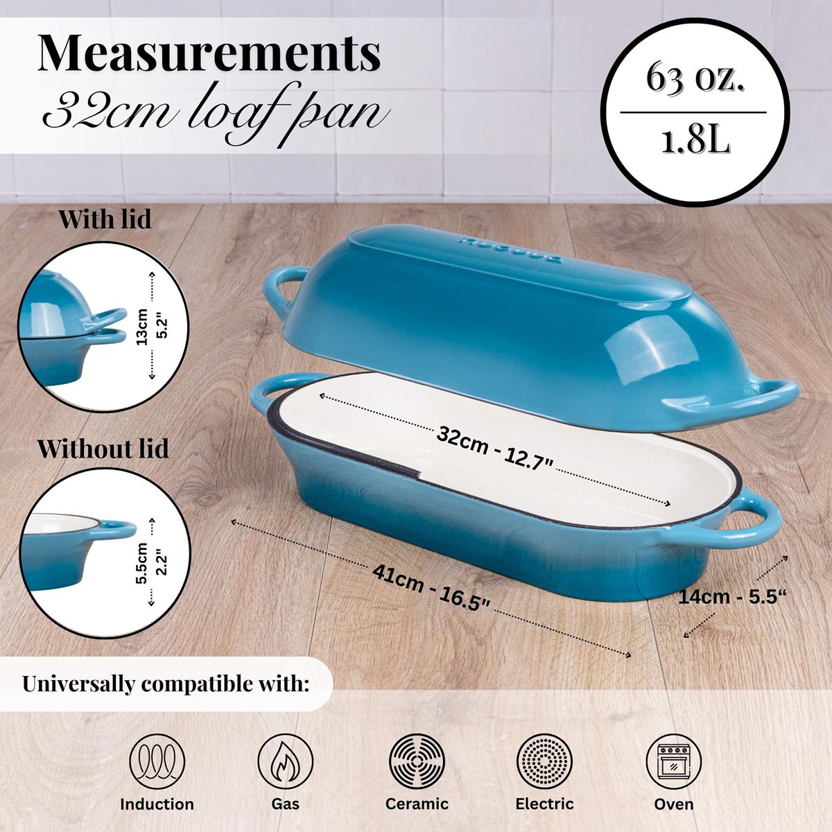 Cast iron 32cm loaf pan with lid, oven-safe cookware compatible with induction, gas, ceramic and electric stoves. 