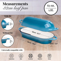 Cast iron 32cm loaf pan with lid, oven-safe cookware compatible with induction, gas, ceramic and electric stoves. 
