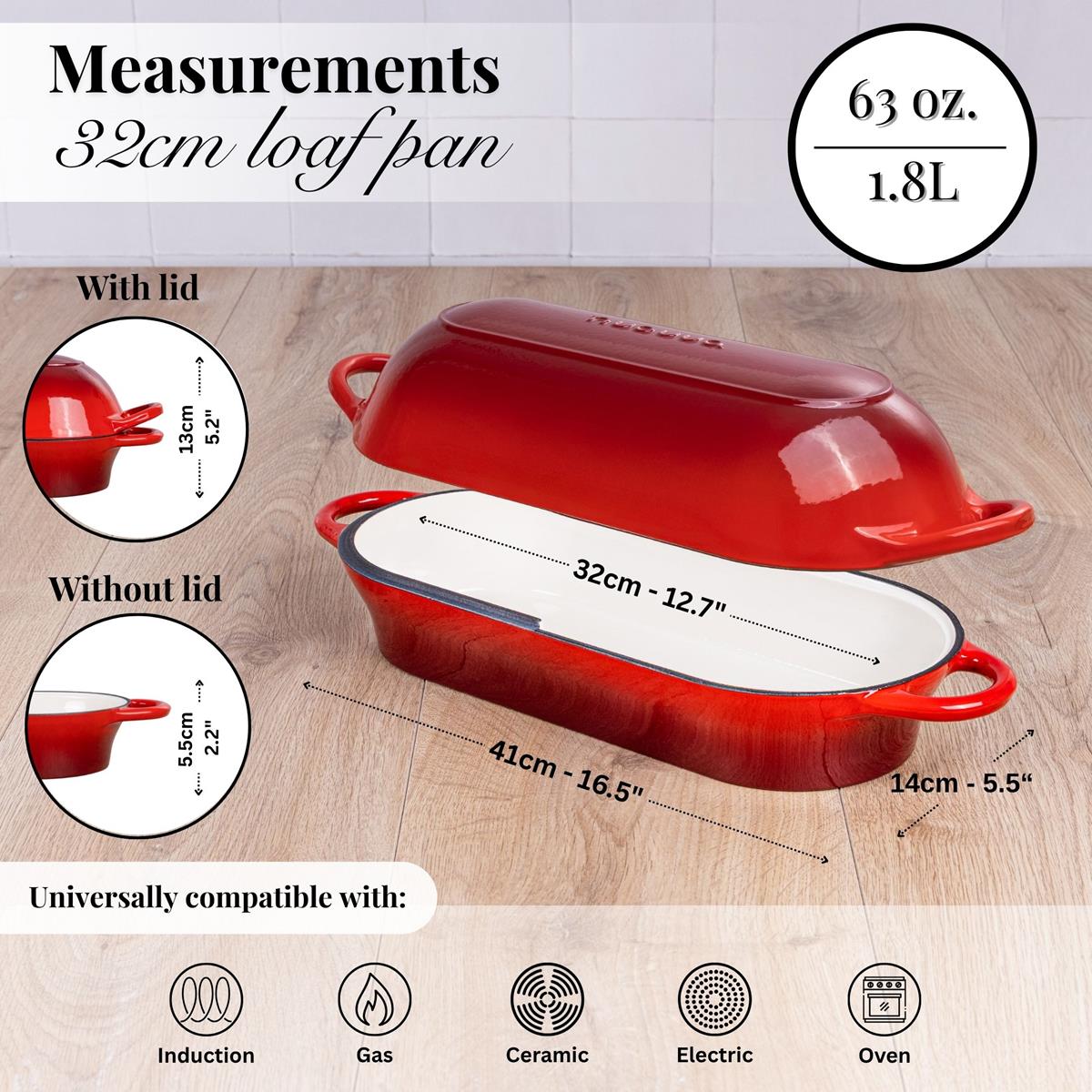 Red 32cm loaf pan with lid for efficient oven-safe baking, induction cookware for all stovetops. 