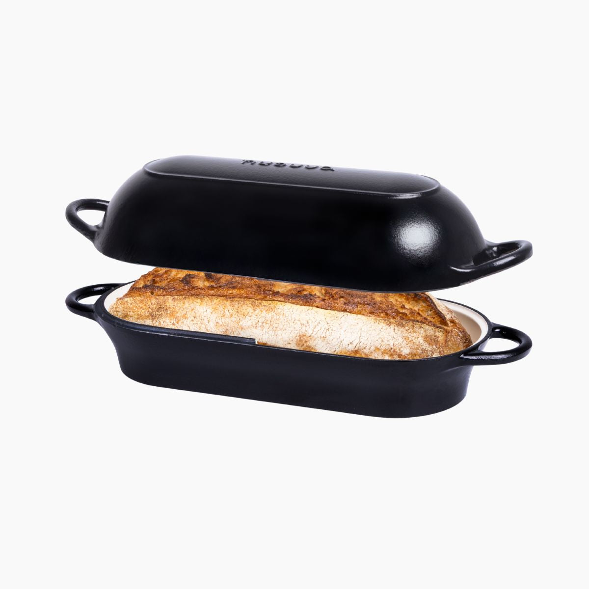 Black enamelled cast iron bread loaf pan with lid for bread baking. 
