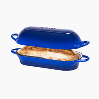 Blue cast iron bread loaf pan with lid - non-stick cookware. 