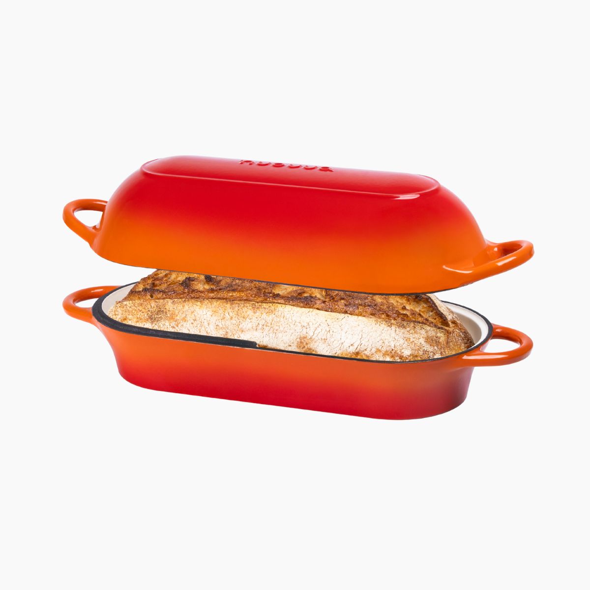 Orange cast iron bread loaf pan with lid for  bread baking. 