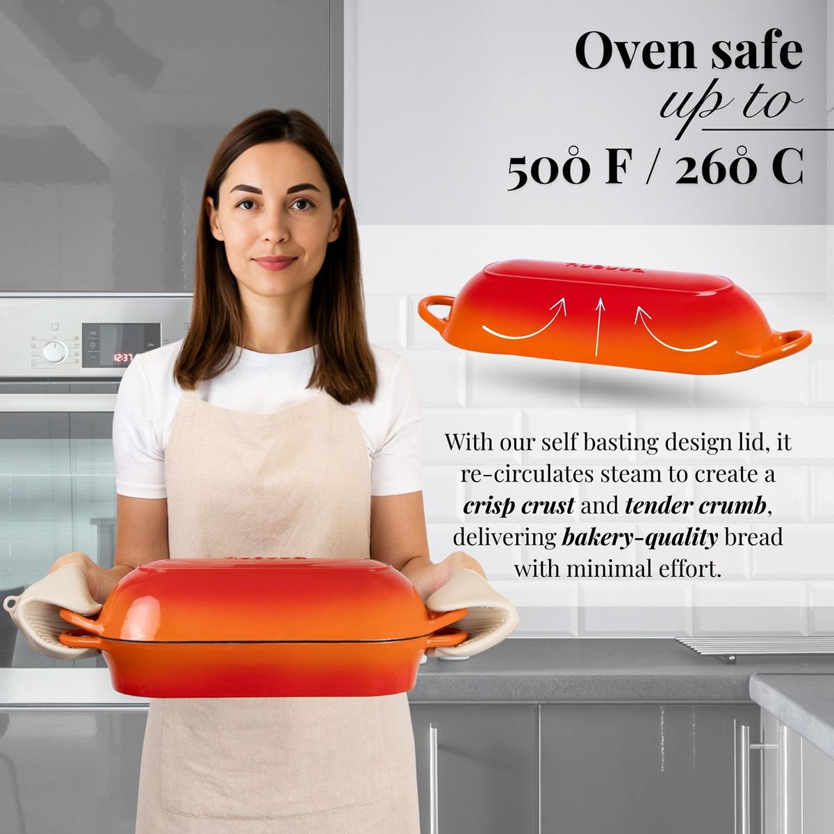 Oven safe cast iron bread pan with self-basting lid for crisp crust and faery-style bread. 