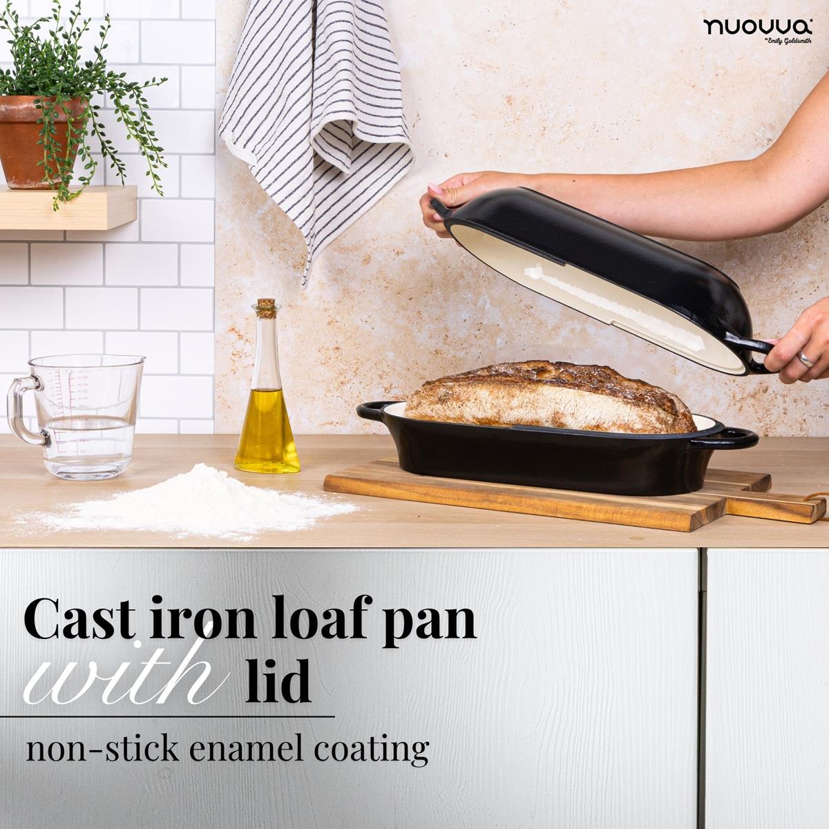 Black cast iron loaf pan with lid, non-stick enamel coating for healthier baking. 