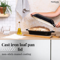 Black cast iron loaf pan with lid, non-stick enamel coating for healthier baking. 