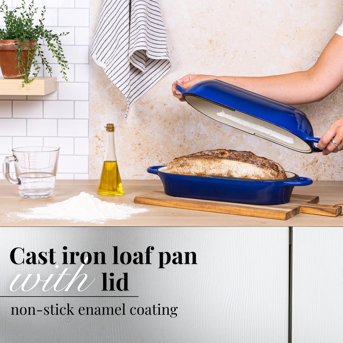 Dark blue cast iron loaf pan with lid, non-stick cookware with enamel coating for healthier cooking. 