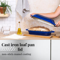 Dark blue cast iron loaf pan with lid, non-stick cookware with enamel coating for healthier cooking. 