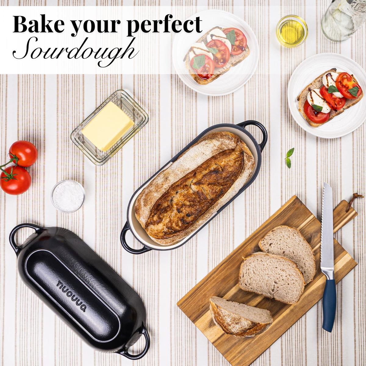 Bake your perfect sourdough with nuovva cast iron bread loaf pan with lid. 