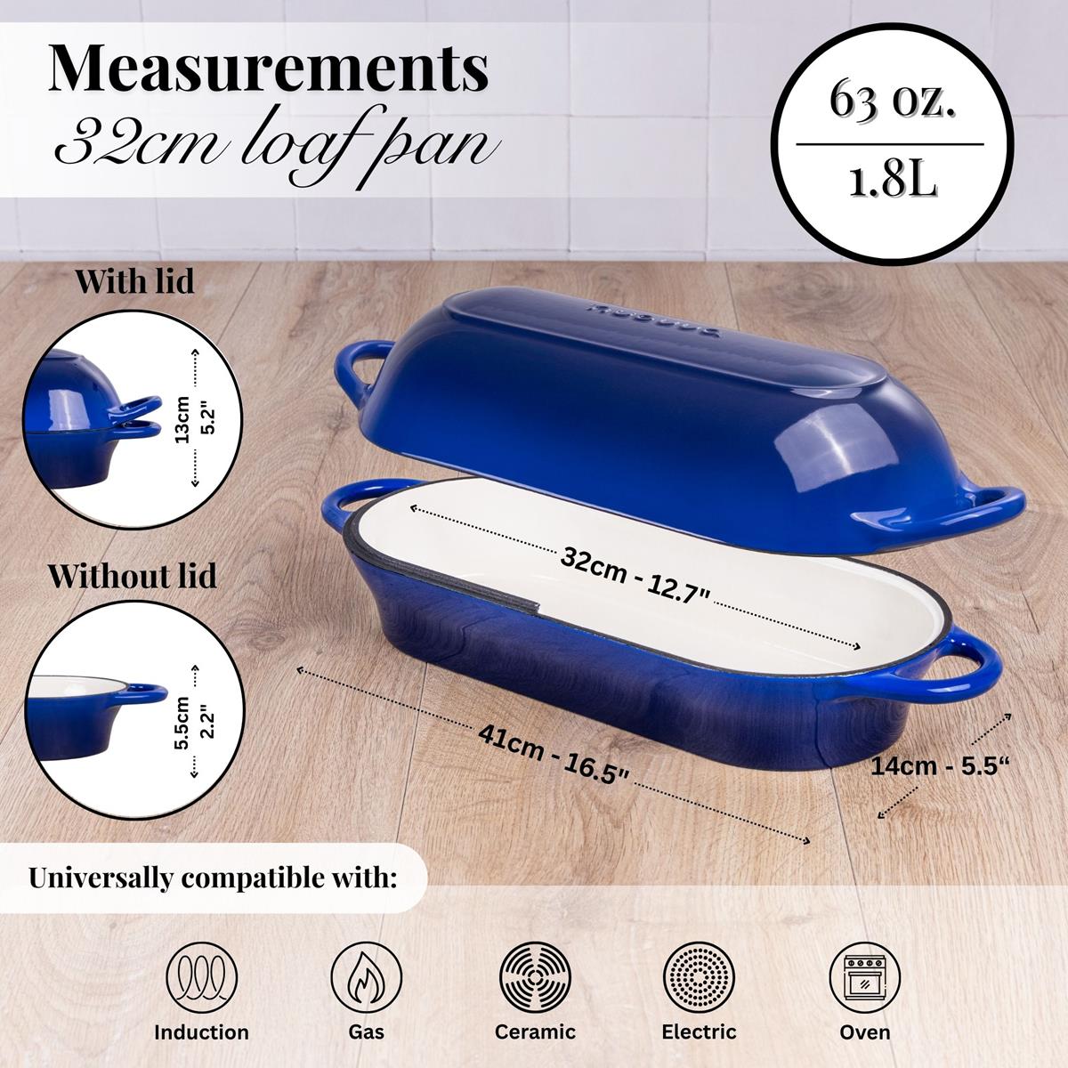 Dark blue cast iron 32cm loaf pan with lid, oven-safe cookware for all stovetops. 