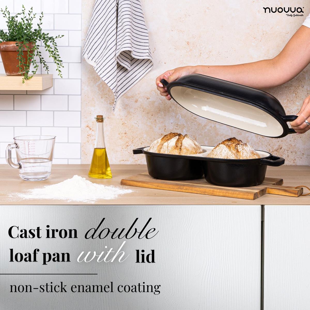 Nuovva black cast iron double loaf pan with lid and non-stick enamel coating. 