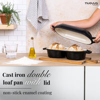 Nuovva black cast iron double loaf pan with lid and non-stick enamel coating. 