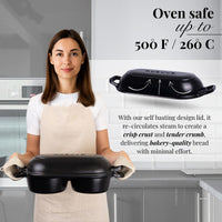 Nuovva cast iron oven-safe loaf pan with self basting lid design for crisp crust and tender quality bakery bread. 