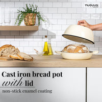 Nuovva cream cast iron bread pow with lid and non-stick enamel coating for sourdough baking 