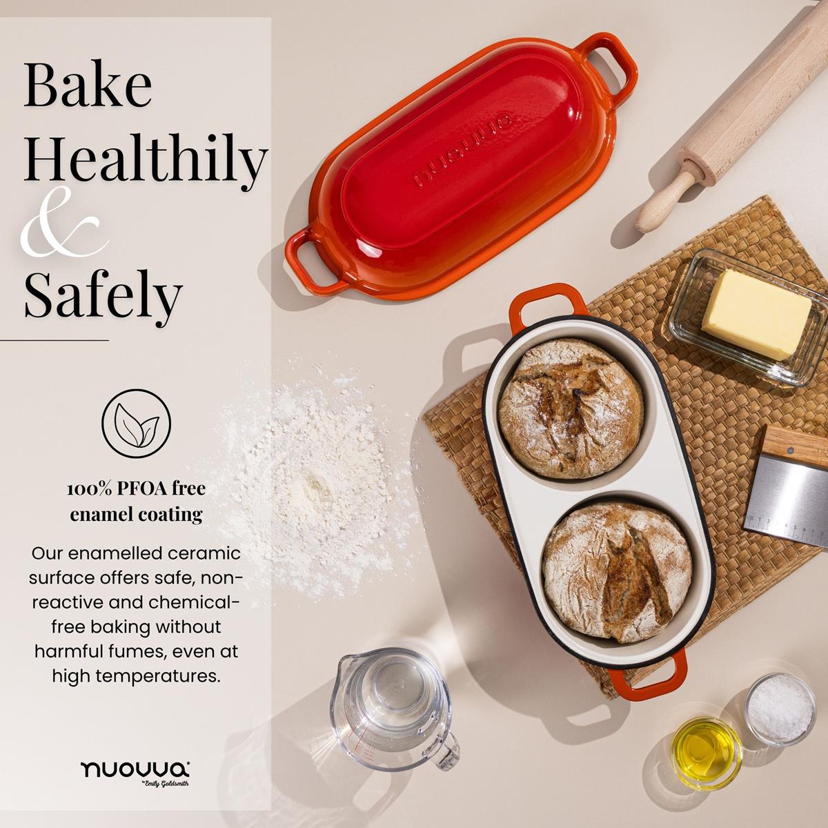 Bake healthily and safely with nuovva cast iron bread loaf pan with enamelled ceramic surface. 