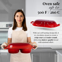 Oven safe bread loaf pan with self basting lid for crisp crust and tender quality bakery style bread at home. 