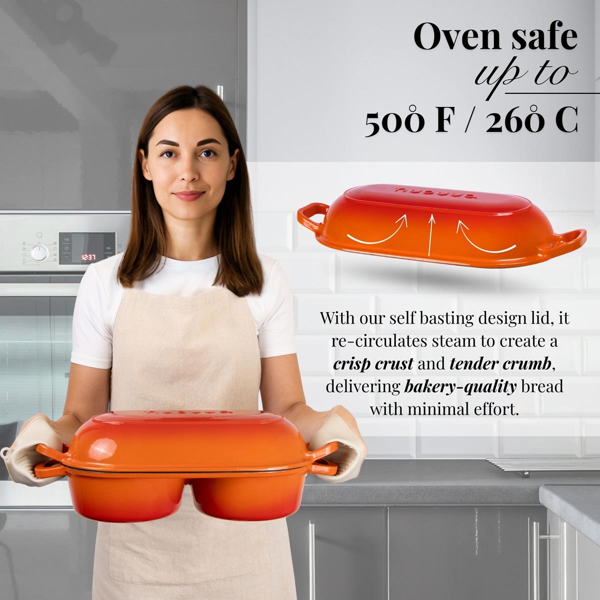 Oven safe cookware with self-basting lids for bakery style bread at home. 