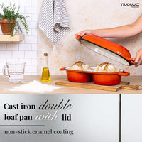 Cast iron double loaf pan with lid and non-stick enamel coating for easy home baked sourdough. 