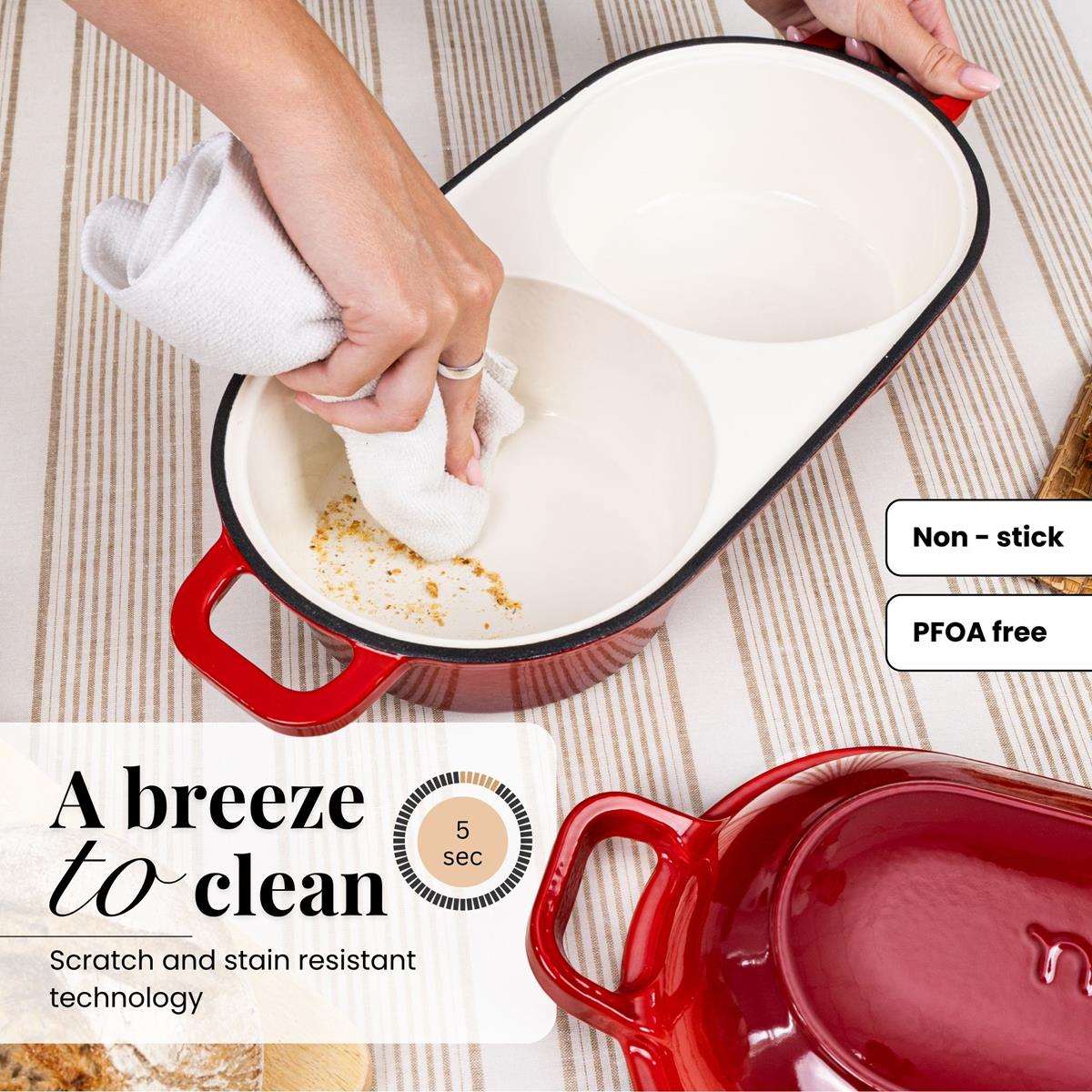 Easy to clean cookware with scratch and stain resistant technology. 