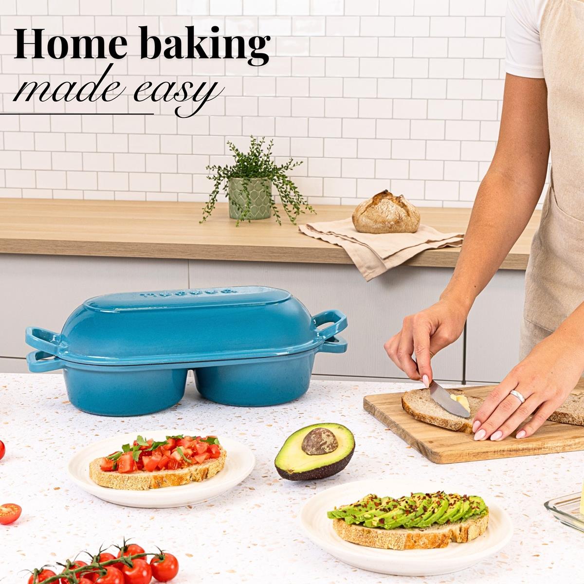 Home baking made easy with the nuovva light blue cast iron bread loaf pan