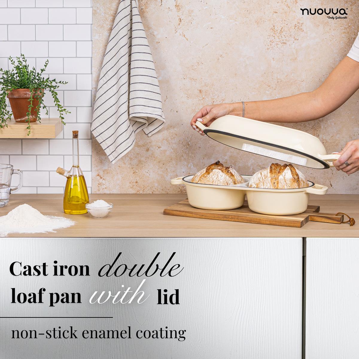 Nuovva cream cast iron double loaf pan with lid and non-stick enemal coating for healthy home baking
