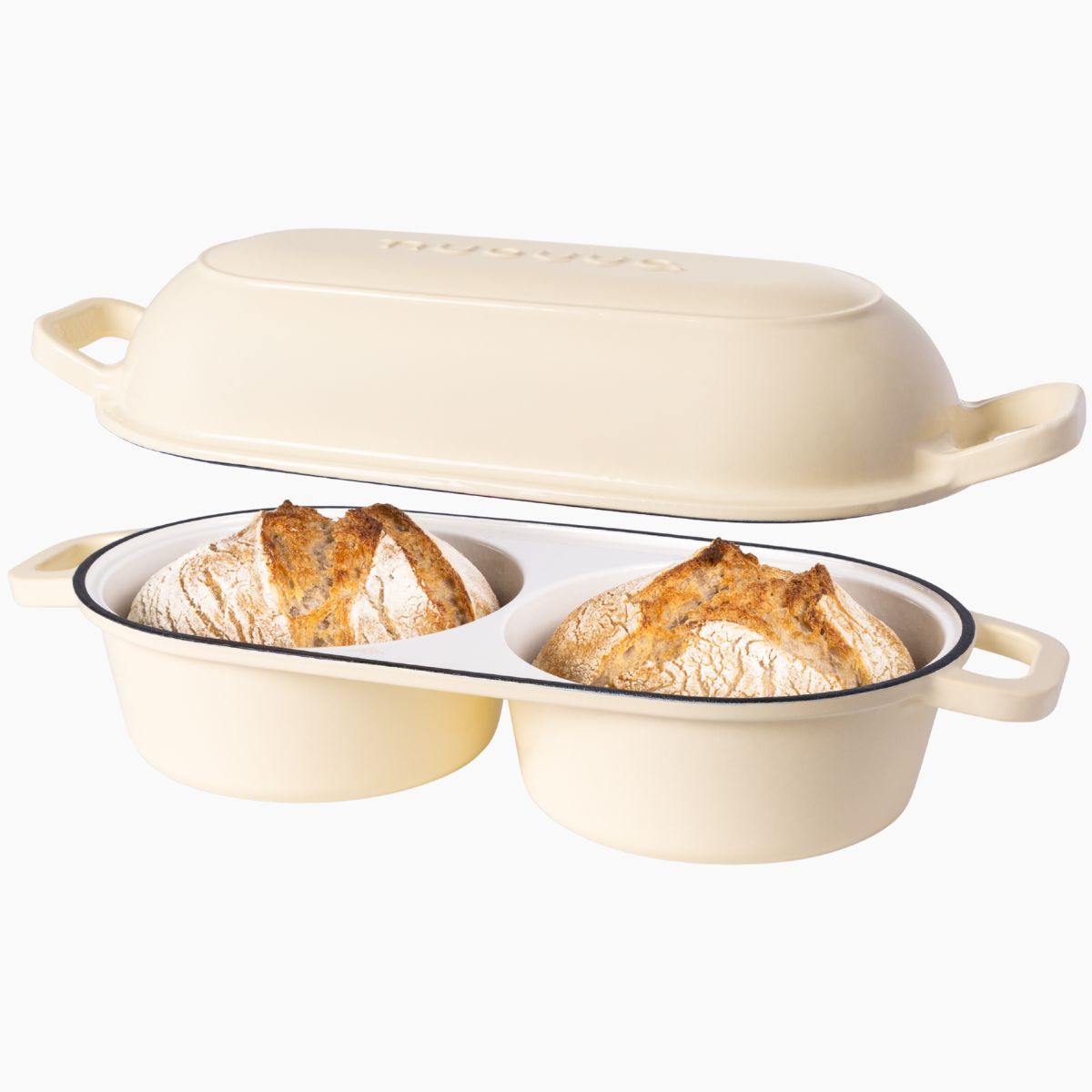 Cream cast iron double bread loaf pan with lid
