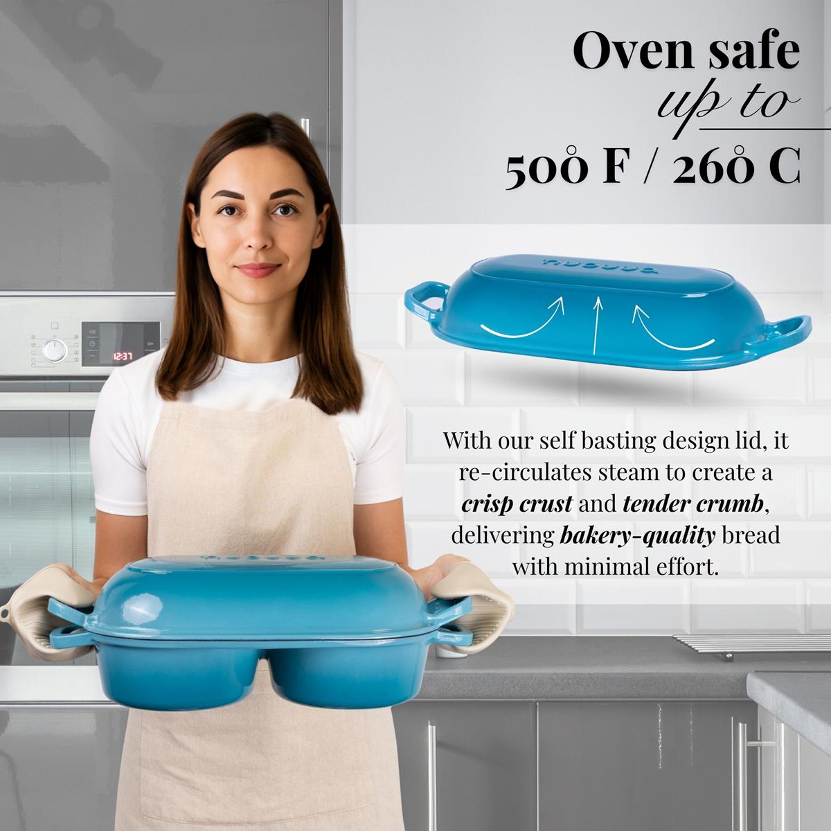 Oven safe cookware with self-basting lid for crisp crumb and tender crumb bakery style bread at home. 