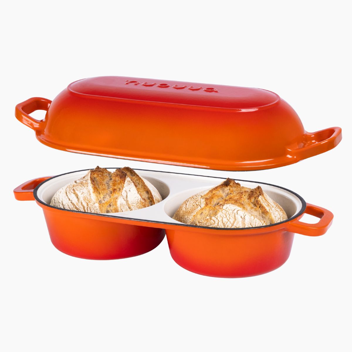 Nuovva orange cast iron double bread loaf pan with lid for sourdough bread baking at home