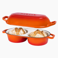 Nuovva orange cast iron double bread loaf pan with lid for sourdough bread baking at home