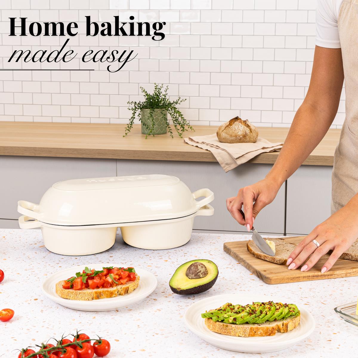 Home baking made easy with nuovva cast iron double bread loaf pan with lid. 