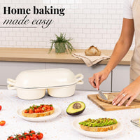 Home baking made easy with nuovva cast iron double bread loaf pan with lid. 