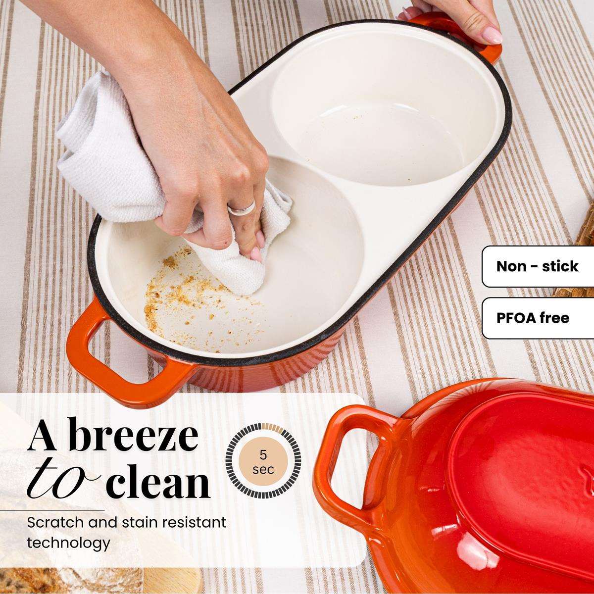 Nuovva easy to clean cast iron bread loaf pan with scratch and stain resistant technology. 