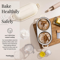 Bake safely with Nuovva cream cast iron bread loaf pan - PFOA free cookware for healthy home baking. 