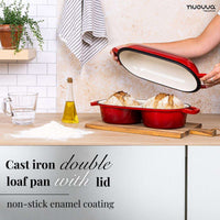 Nuovva cast iron double loaf pan with lid and non-stick enamel coating for easy home - made sourdough bread at home. 