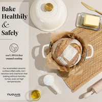 Bake healthily & safely with nuovva bread pot with its 100% PFOA free enamel coating and chemical free baking. 