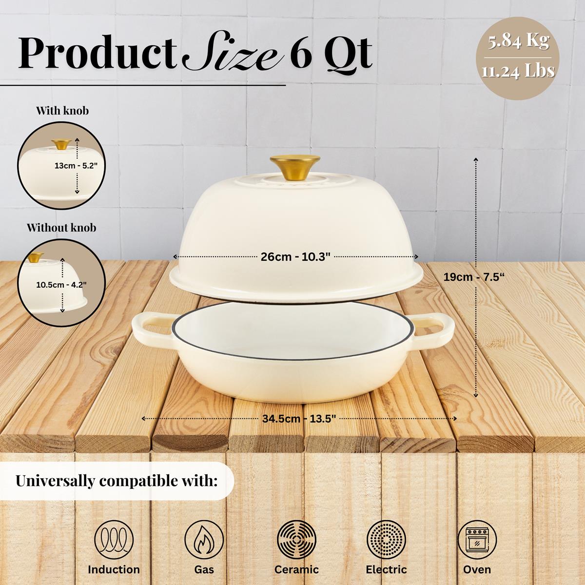 Measurements for cream cast iron bread pot with knob - 26cm x 19cm universally compatible with all stove tops and ovens.  