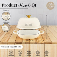 Measurements for cream cast iron bread pot with knob - 26cm x 19cm universally compatible with all stove tops and ovens.  
