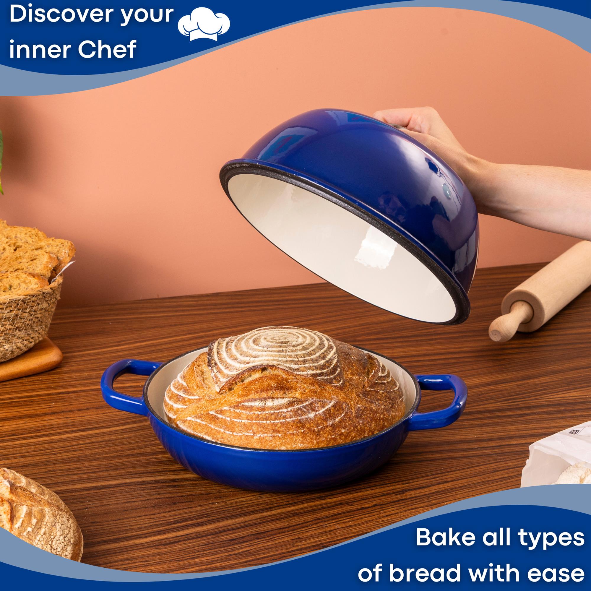Discover you inner chef with nuovva dark blue cast iron bread pan to bake all types of bread with ease. 