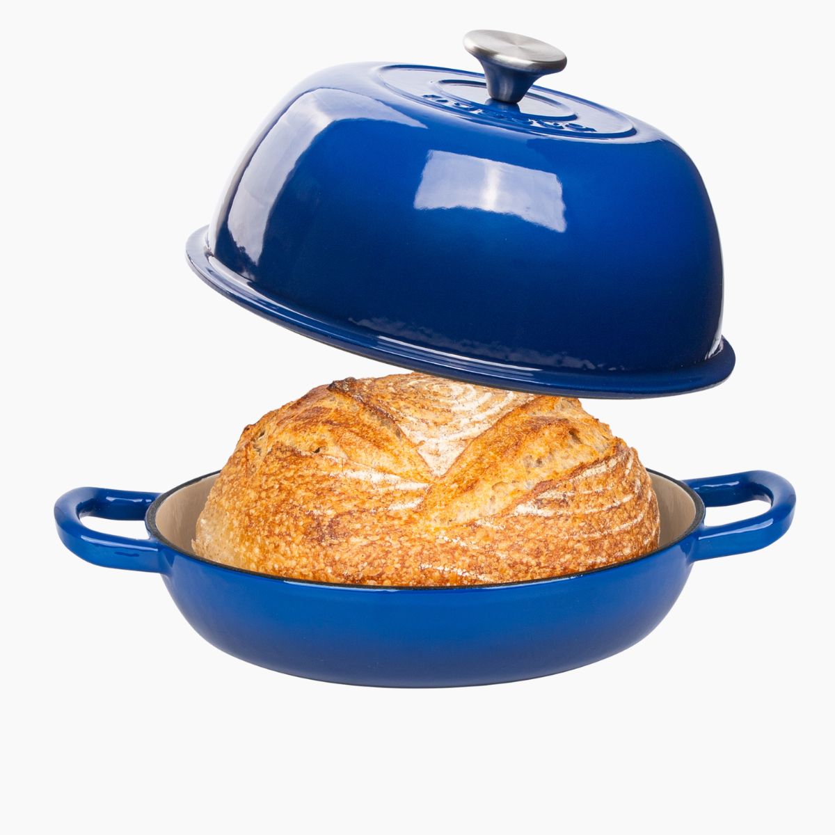 Dark blue cast iron bread pot Dutch oven with metal knob for home baked bread