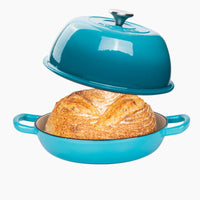 Light blue enemalled cast iron bread pan with lid and metal handle