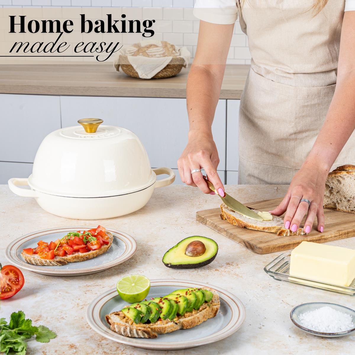 Home baking made easy with nuovva cream cast iron bread pot with domed lid for sourdough baking. 