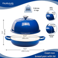 Nuovva dark blue cast iron bread pan with lid measurements - 26cm across and 19cm in height. 