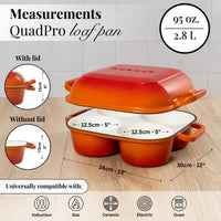Quadpro loaf pan with lids and measurements for oven safe baking - cookware compatible on all stovetops. 