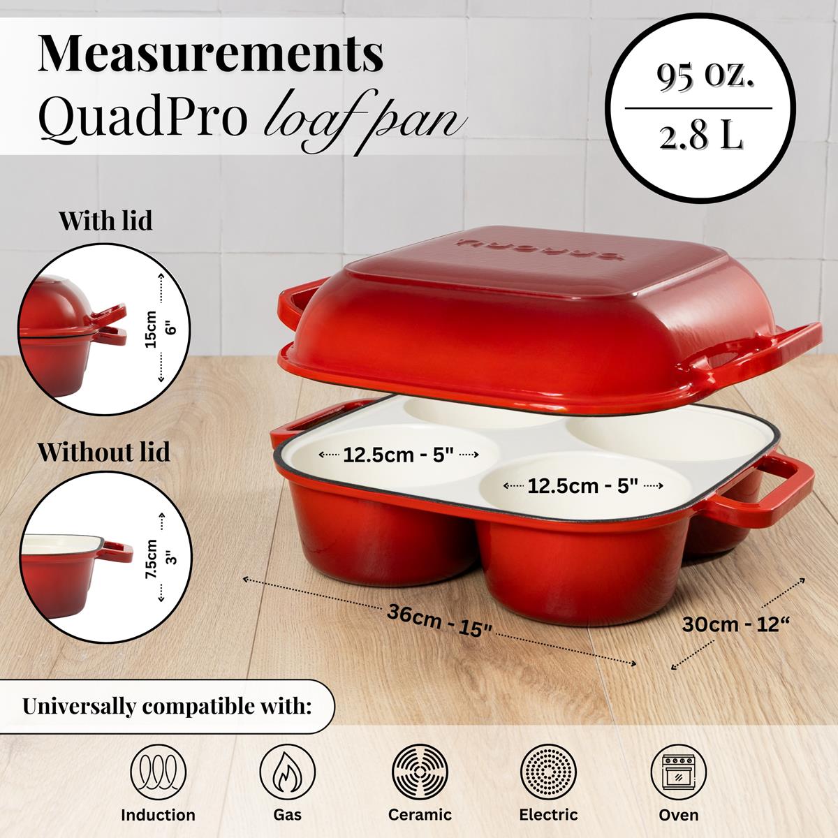 Measurement graphic for the cast infra quadpro loaf pan. induction cookware for all stovetops