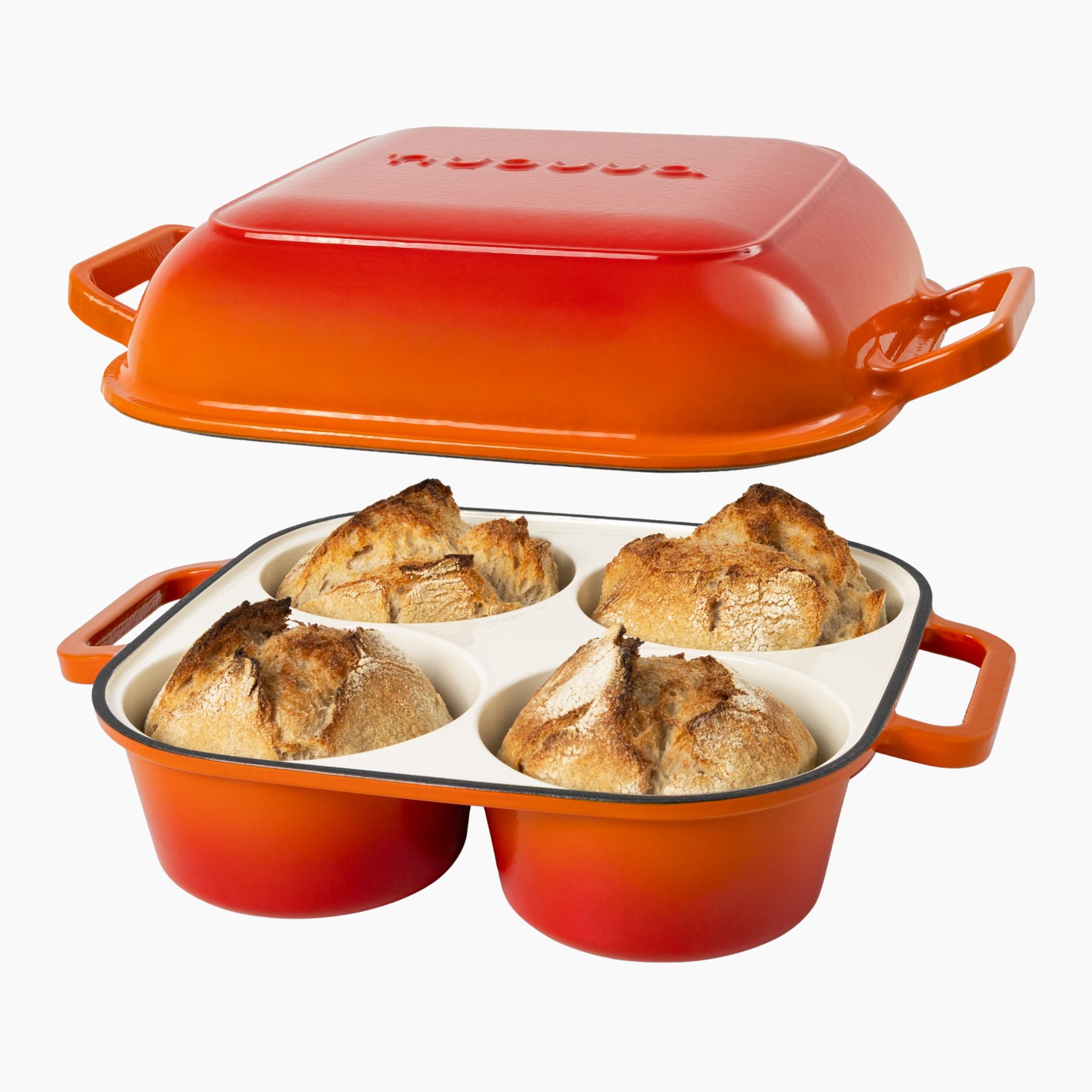 Nuovva orange QuadPro cast iron baking loaf pan with 4 compartments and lid of bread baking.