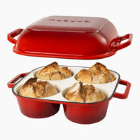 Red cast iron bread loaf pan with 4 bread loaves compartments