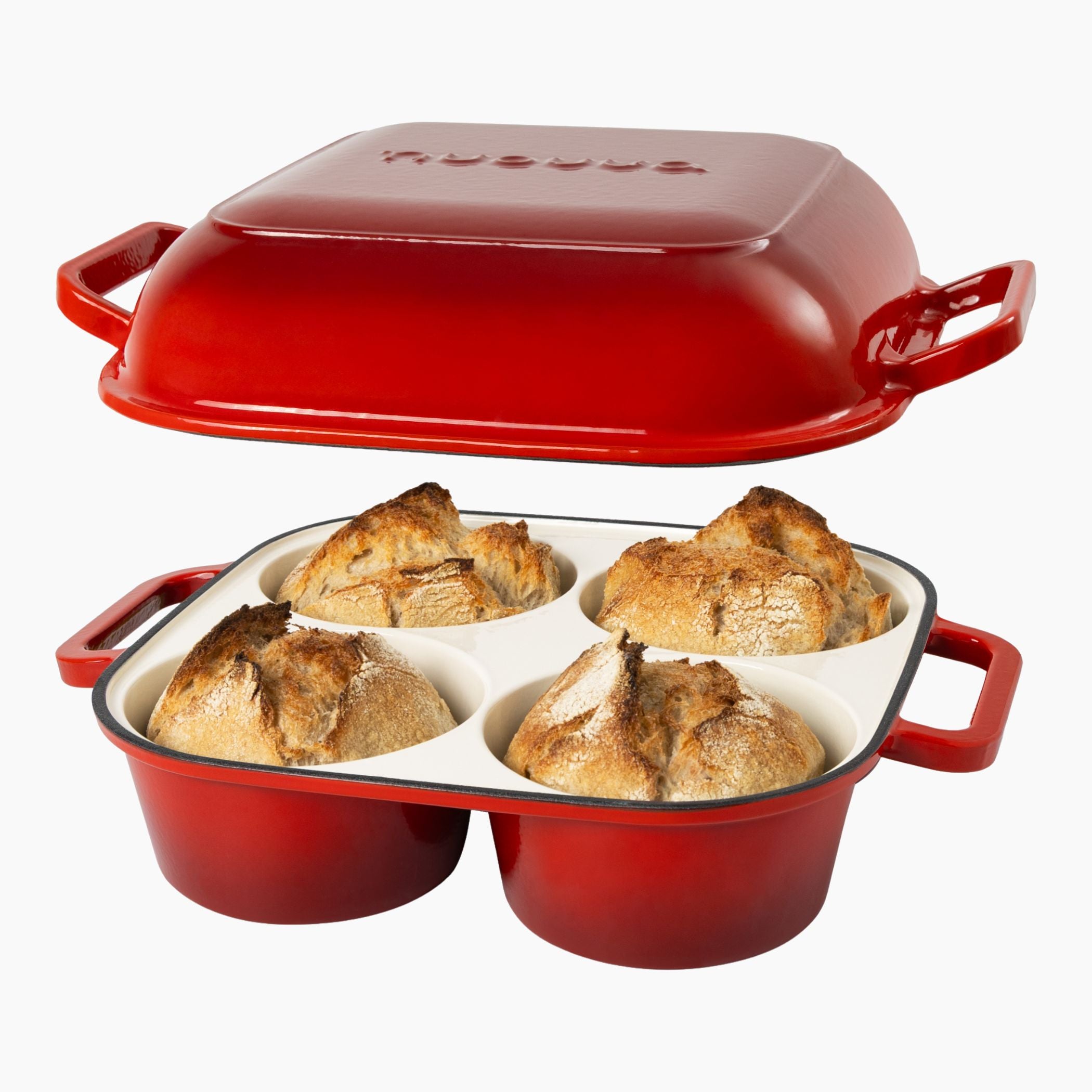 Red cast iron bread loaf pan with 4 bread loaves compartments